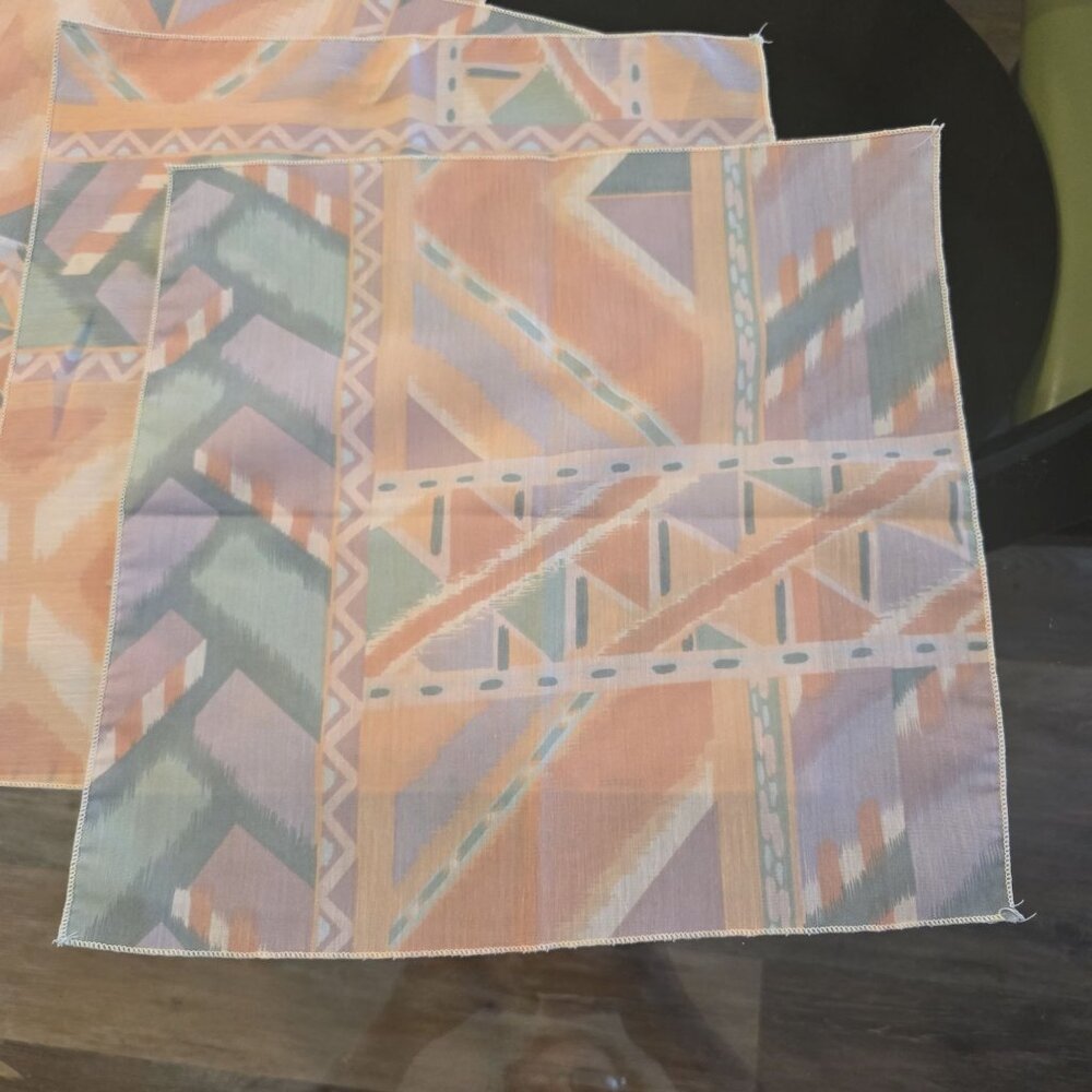 VTG Tribal Ikat Style Fabric Napkins Set Of 6 Peach & Pastel Colors 14.5"x15"
